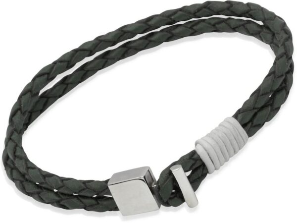 Men's Black Leather & Stainless Steel Bracelet - Double Layer Braided Infinity Charm