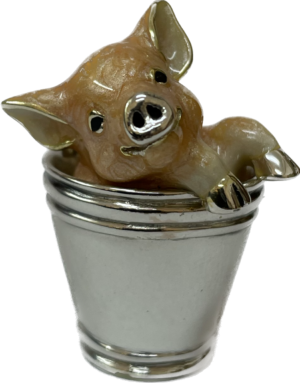 Sterling Silver Enamel Pig in a Bucket By Saturno