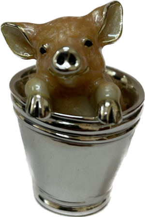 Sterling Silver Enamel Pig in a Bucket By Saturno